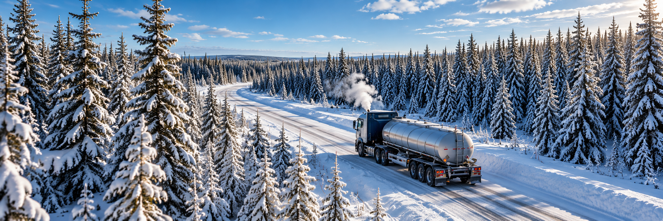 AI-generated illustration of a tanker truck hauling along a snowy boreal forest road