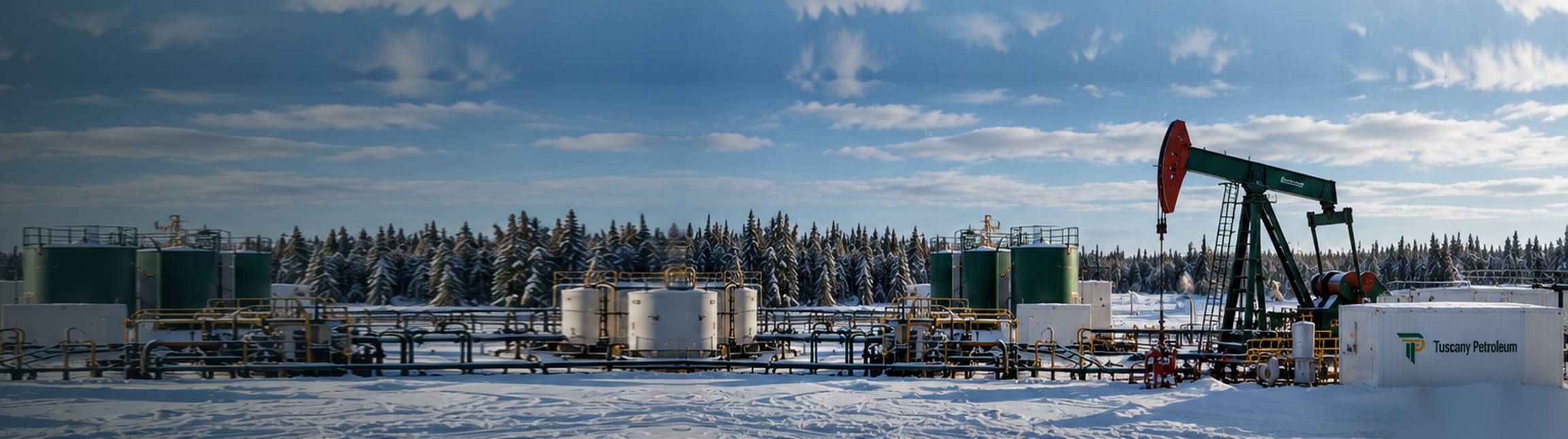 AI-generated illustration of winter oilfield facility operations in daylight