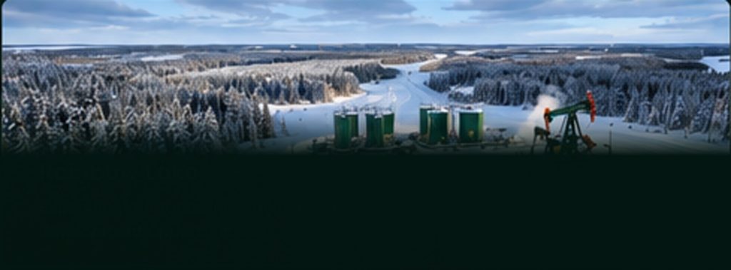 Illustrative AI-generated northern Alberta oil facilities surrounded by snowy forest